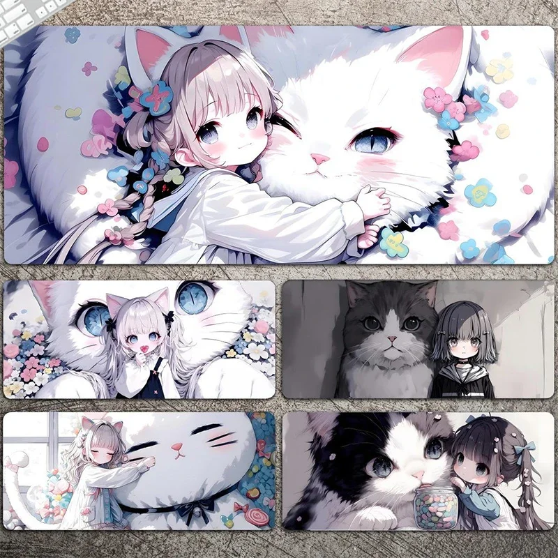 Black and White Cat and Girl Keyboard Pad Lock-edge Extended Mousepad Kawaii Pink Purple Office Desktop Protection Pad XXL Rug