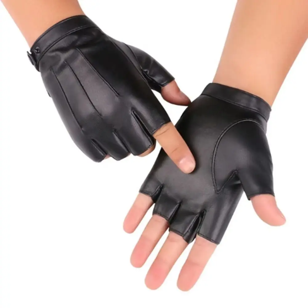 Fashion Punk PU Driving Gloves Cool Button Design Fingerless Mittens Breathable Anti-Slip Half Finger Gloves Motorcycle Riding