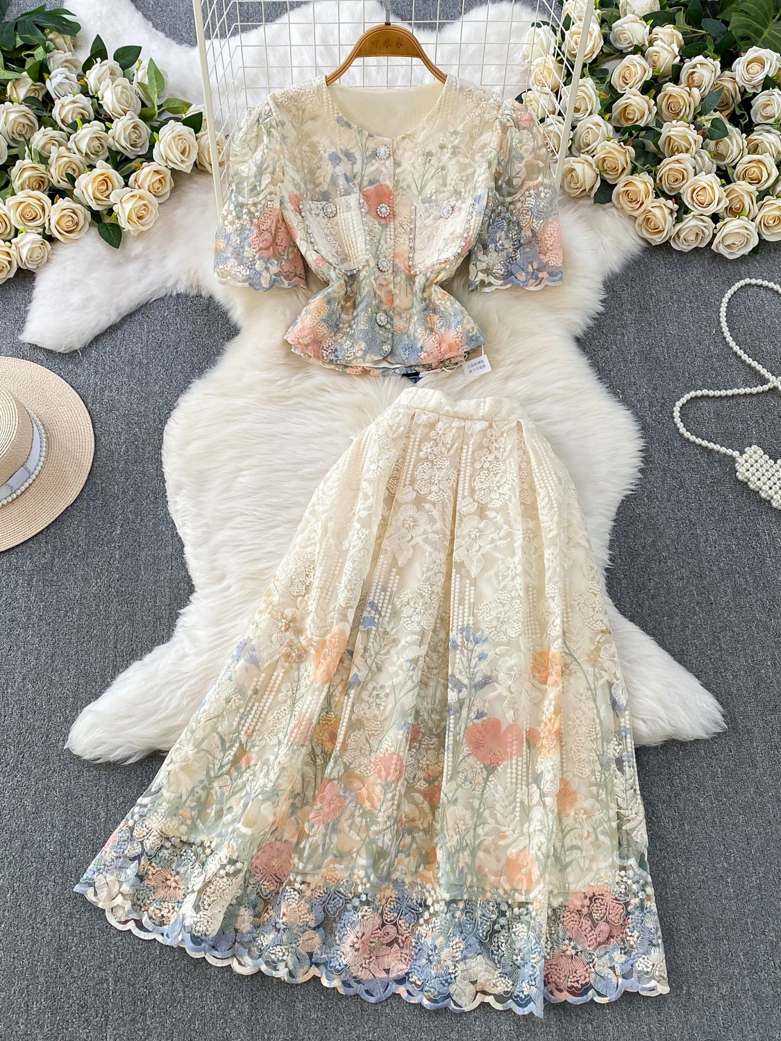 Elegant round Neck Lace Top And High Waist Skirt Two Piece Set Luxury Embroidery Beaded Netting Fashionable Business Women's ...