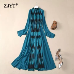 ZJYT Runway Designer Autumn Long Dresses for Women 2024 Fashion Flare Sleeve Print Vintage Holiday Party Dress Vestidos Female