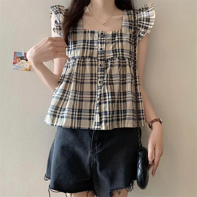 Abbigliamento donna 2024 estate Trendy Vintage Plaid Ruffle Kawaii camicetta a maniche corte Y2K Casual colletto quadrato allentato Sweet Chic top