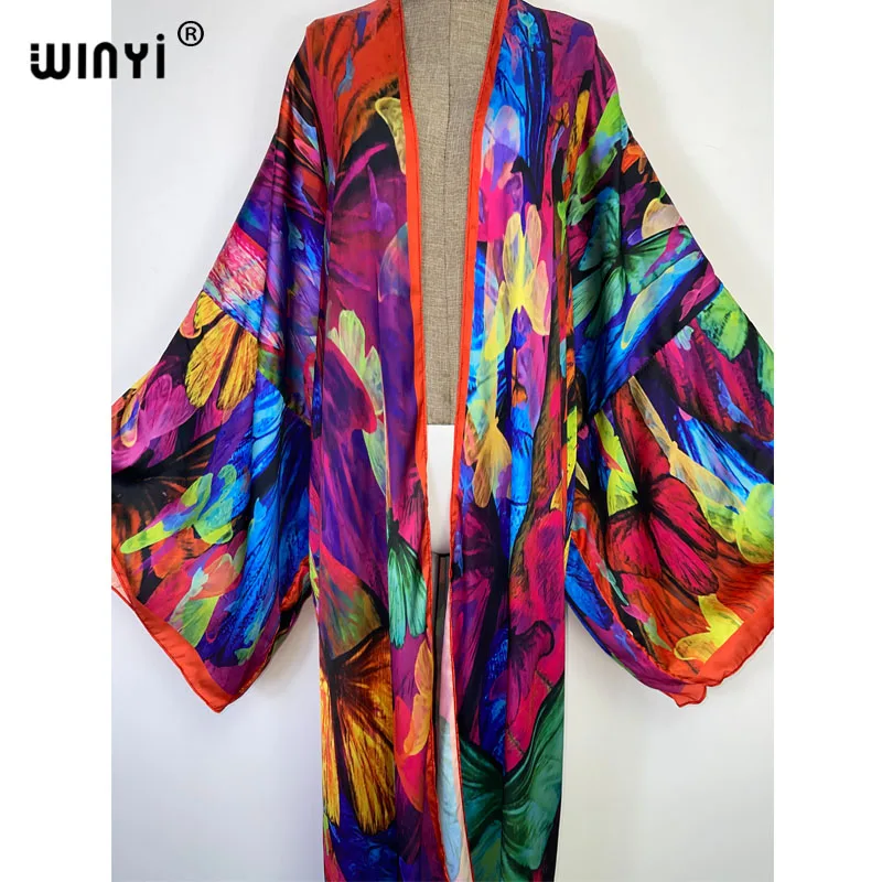 2022 new WINYI Summer Butterfly printing Beach Wear Swim Suit elegant Africa women boho Cardigan sexy Holiday long Sleeve Kimono