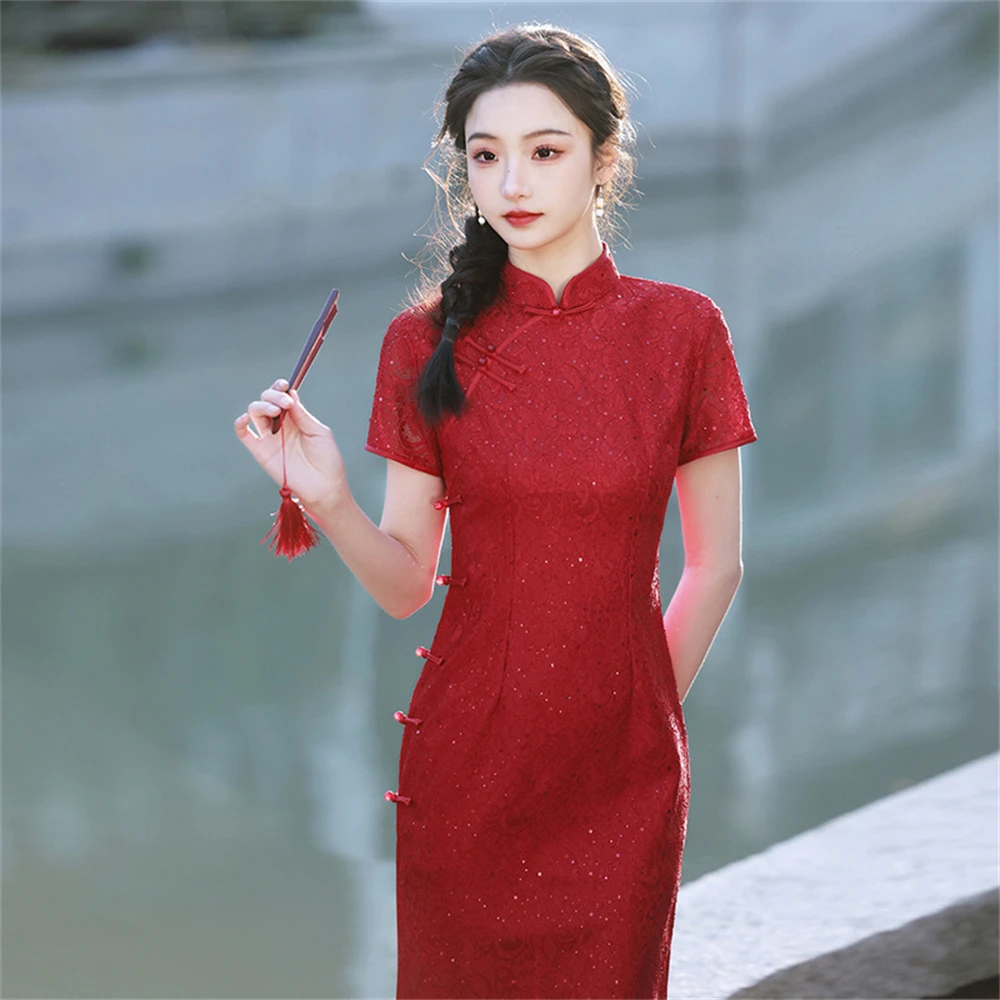 

Red Lace Improved Cheongsam Toast Dress Bridal Wedding Banquet Chinese Style Comfort Elegant Qipao Female Slim Split Party Gown