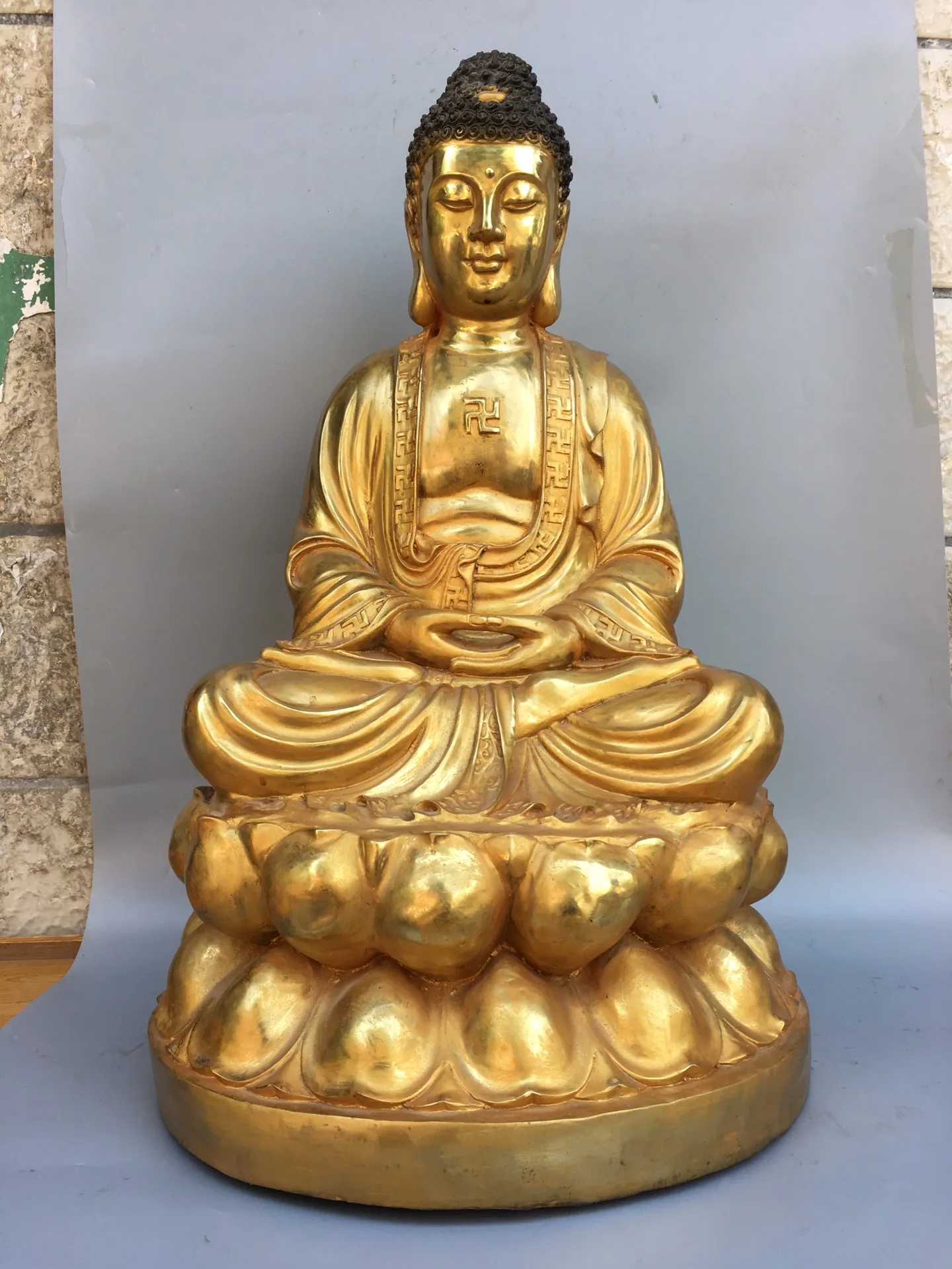 

25"Tibetan Temple Collection Old Bronze Gilded Cinnabar Shakyamuni Amitabha Sitting Buddha Lotus Terrace Worship Hall