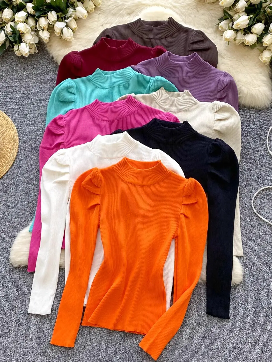 Elegant  Color High Neck Knitted Sweater Women's Winter Bubble Sleeve Slimming Base Layer Top Trendy Comfortable Knitwear