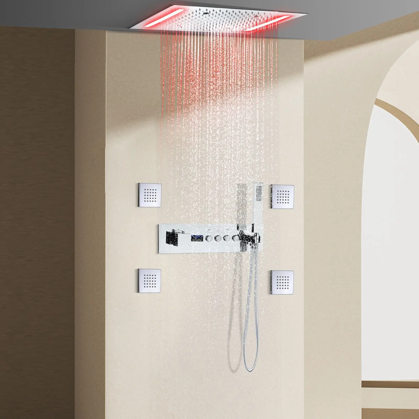 Household bathroom stainless steel LED concealed shower set 500 * 360mm chrome-plated constant temperature