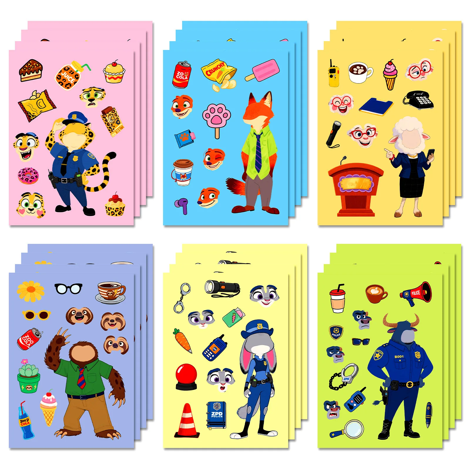 6/12 Pcs Animal Puzzle Make A Face Stickers Cow Officer Sheep Mayor Sloth for Stationery Box Pen Holder Notebook Suitcase Decals