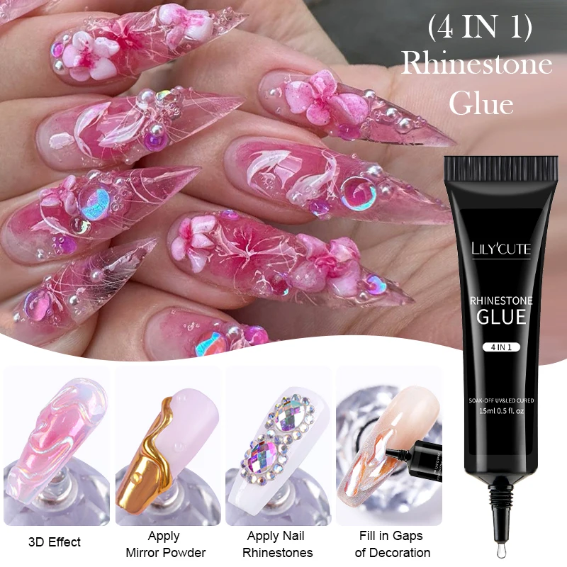 LILYUCUTE 4 IN 1 Nail Rhinestone Glue Gel Super Sticky Clear Adhesive Gel for DIY 3D Shaping Nail Art Gems Jewelry Decoration