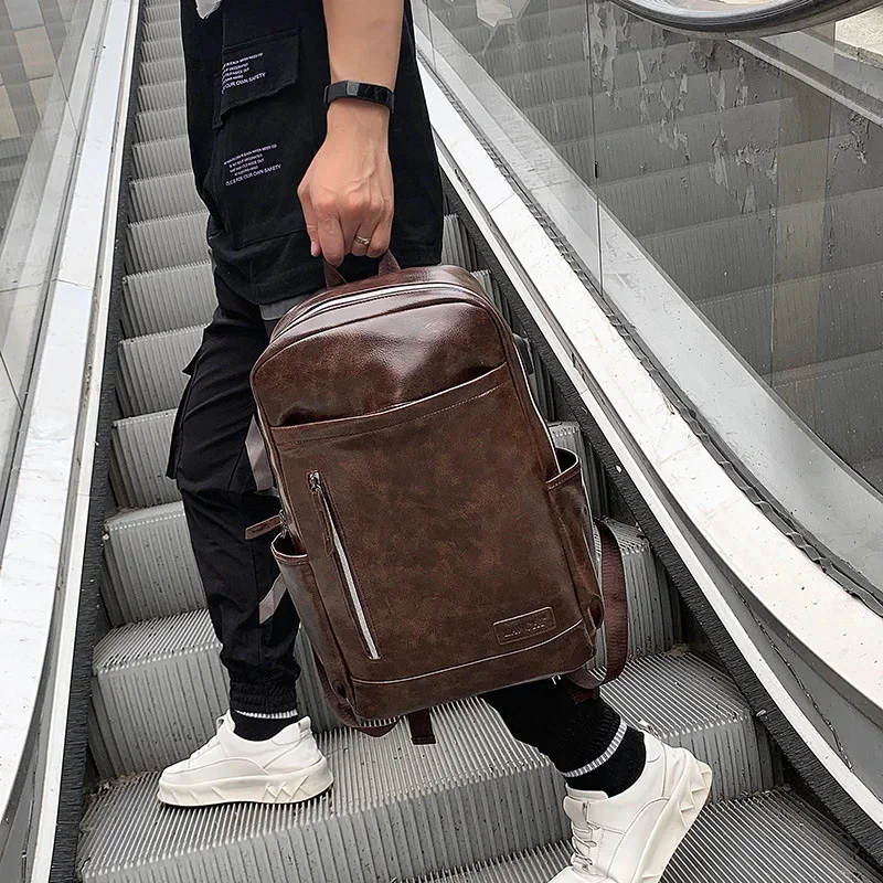 New Business Men Leather Korean Style Schoolbag Large Capacity Laptop Bag Luxury Waterproof Male Travel Backpack