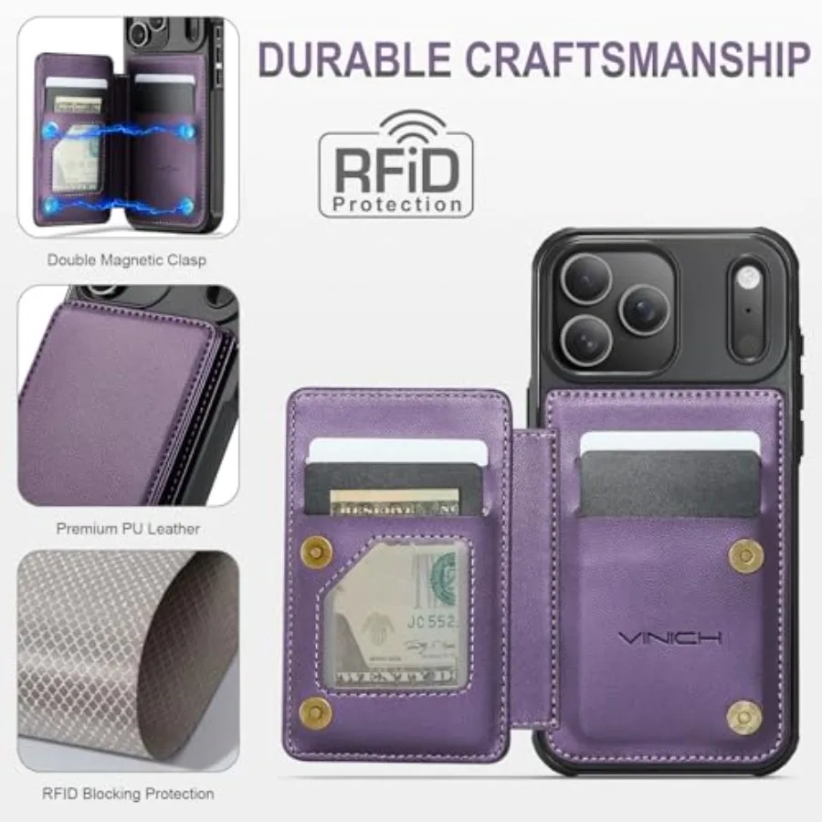 حافظة محفظة واقية أرجوانية مع حامل بطاقات مدمج وحجب RFID لهاتف iPhone 17 Pro Max 6.9 تتميز بمسند وSh