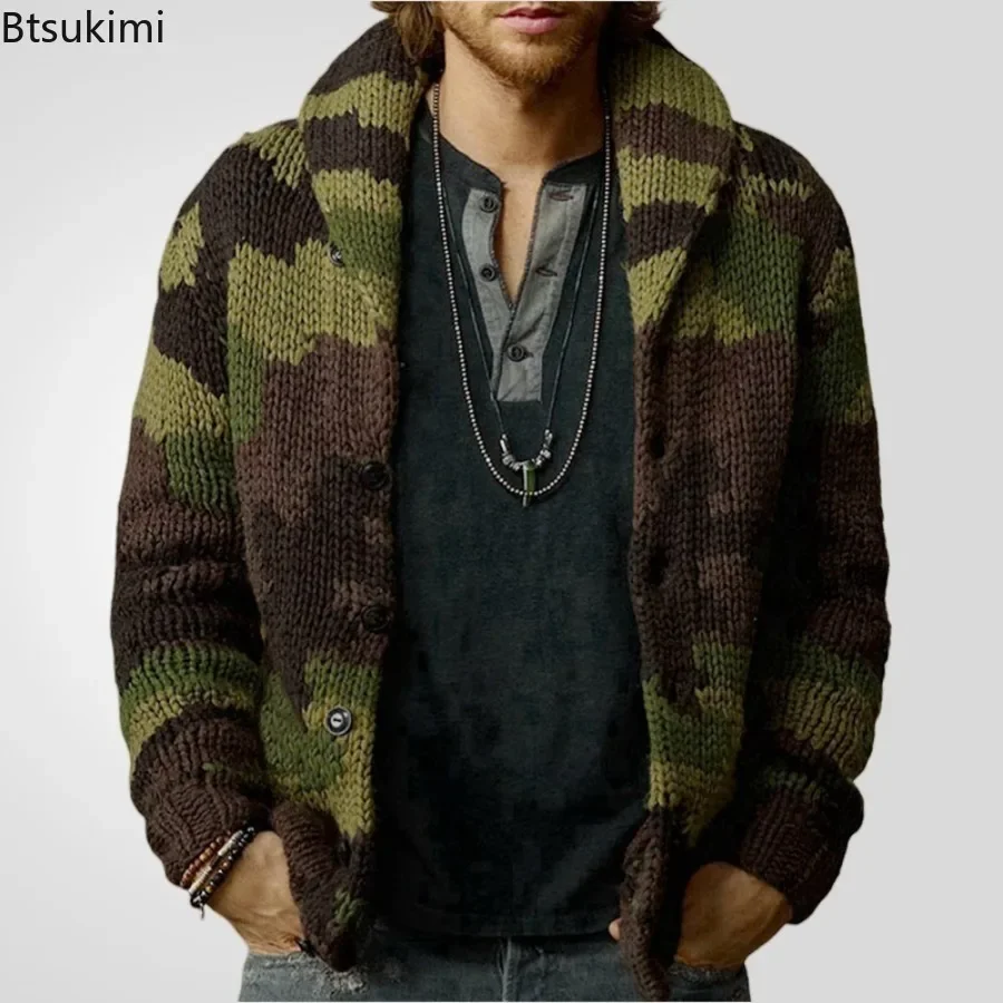 Fashion New Men's Camouflage Casual Jacquard Sweater Coats 2025 Autumn Winter Lapel Knitted Cardigan Male Slim Wool Woven Jacket