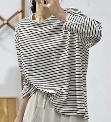 Autumn T-Shirt Woman Korea Loose Cotton Stripes T Shirt Women Casual Top Tee Striped Long Sleeve Tshirt Basic Shirts