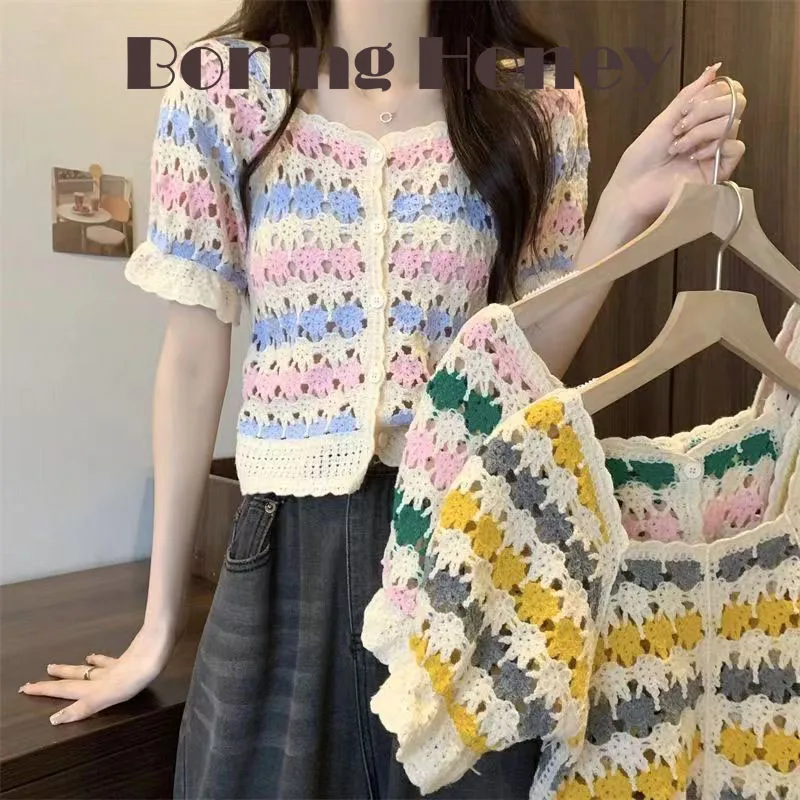 

Boring Honey Summer Thin Ethnic Style Small Fresh Short-Sleeved Tops Women's Fashion New Slim Crocheted Hollow Out T-Shirt Women