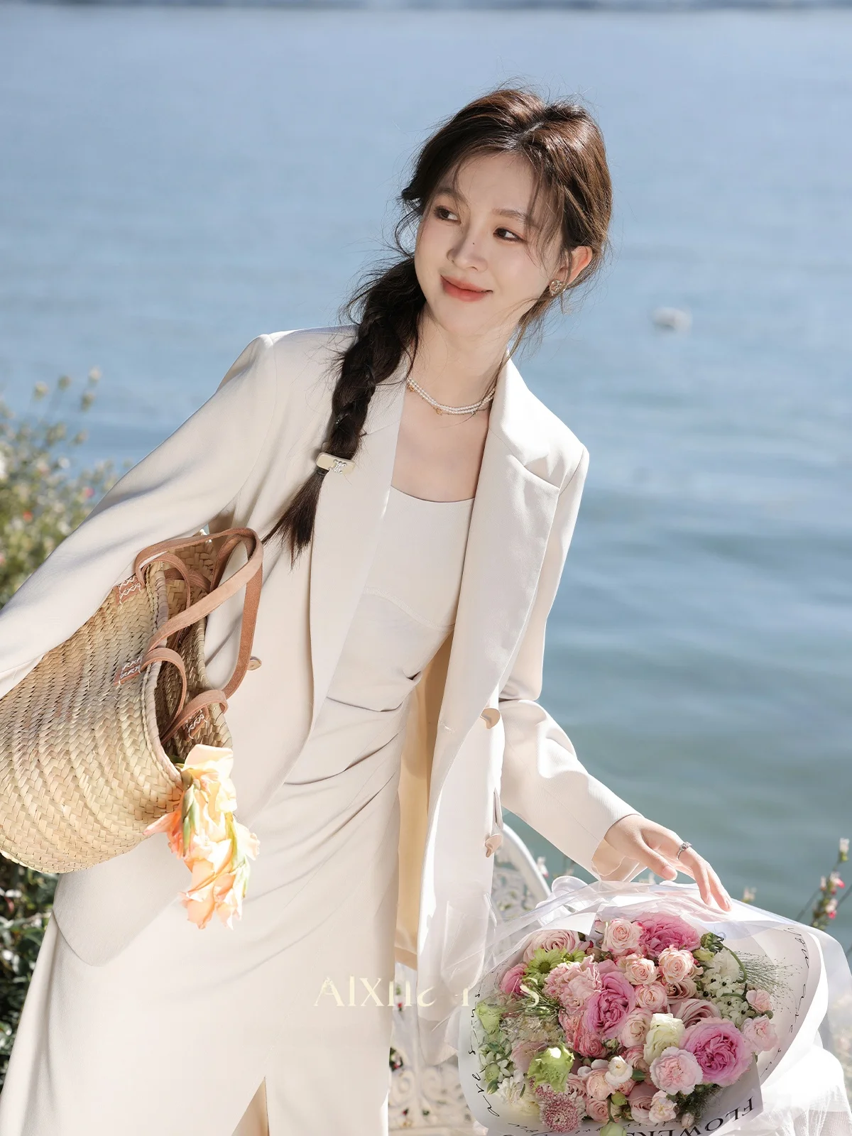 Spring New Arrival Women's Dr Long Strapl Gown Suit Set High Waist French Sle Pure Color Ciwalk A-Line Skirt