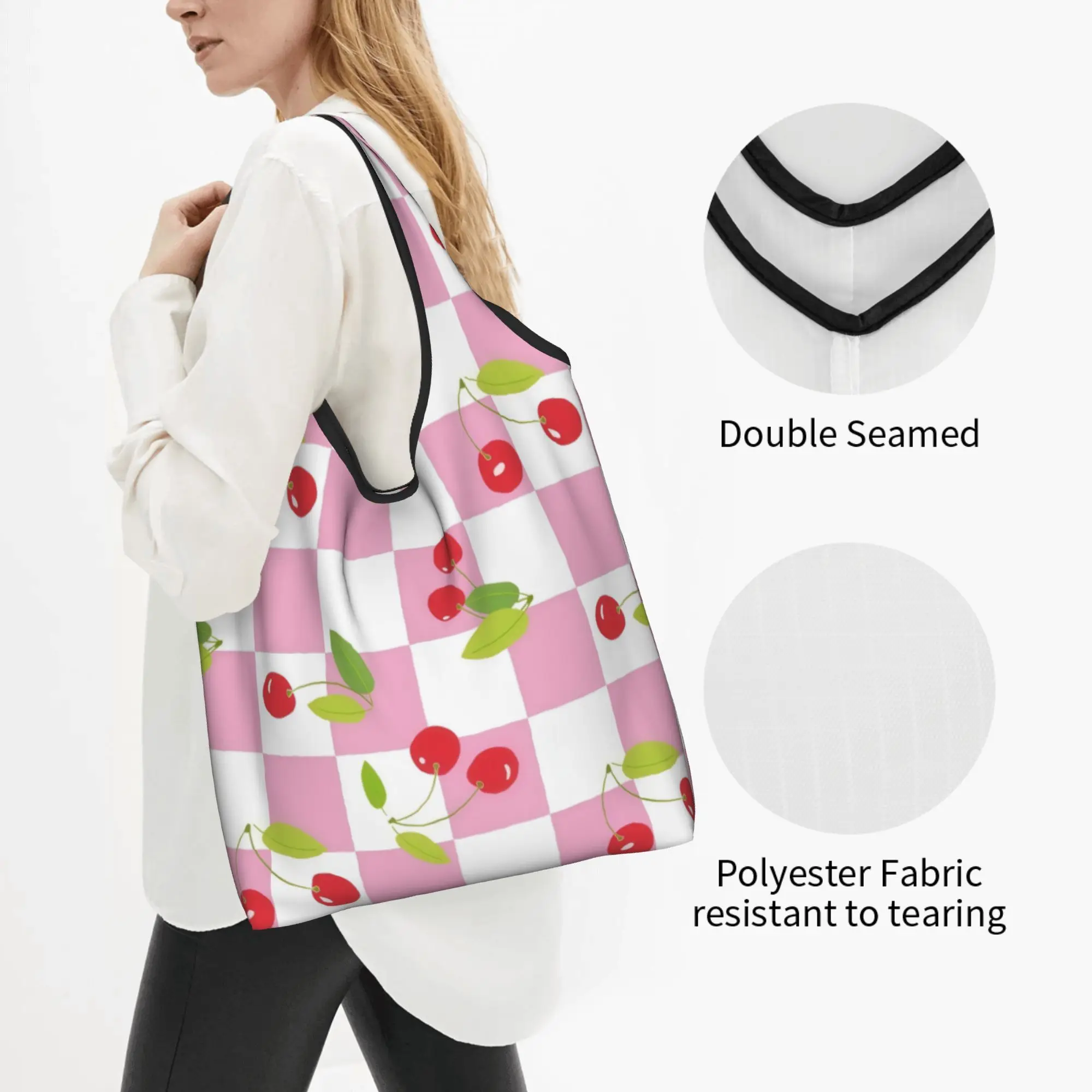 Funny Printing Cherry Pink Chess Shopping Tote Bags Portable Shoulder Shopper  Handbag