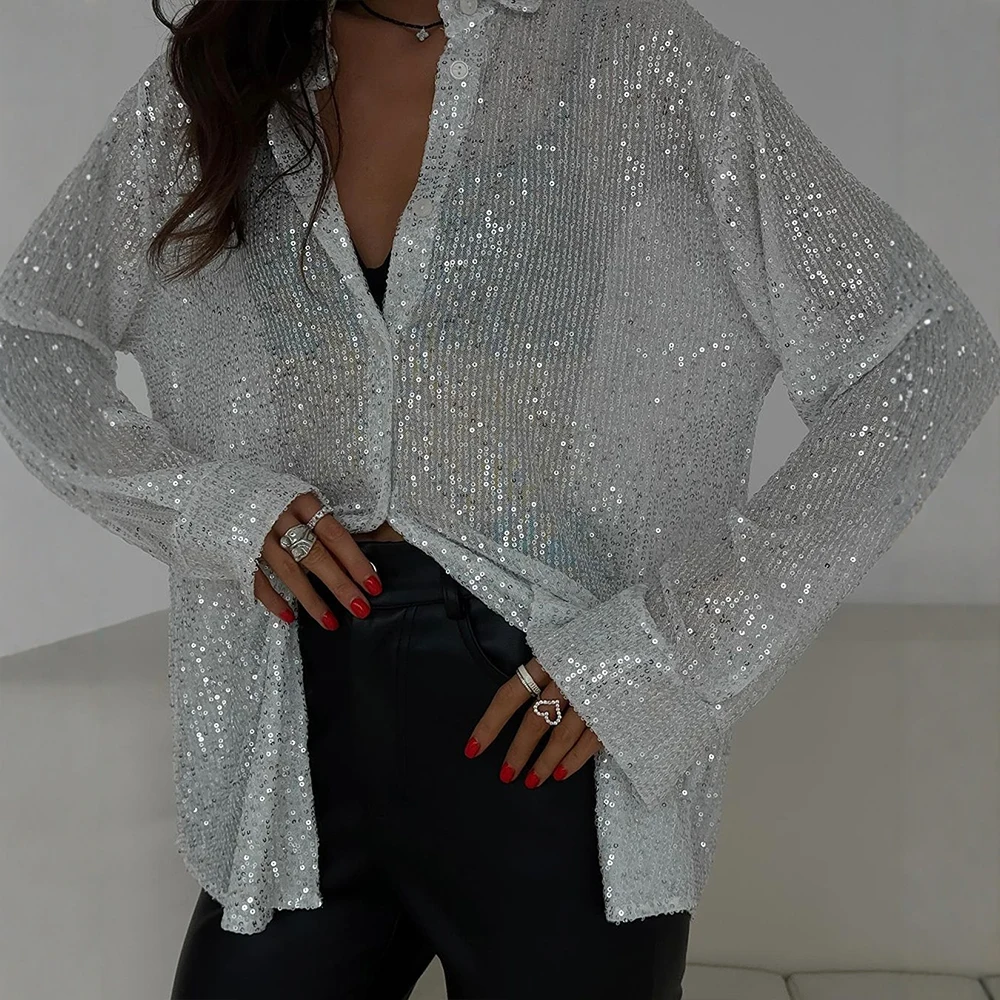 Women's Glossy Party Shirts & Blouses Single Breasted Long Sleeve Button Collar Streetwear All-Season Shiny Tops