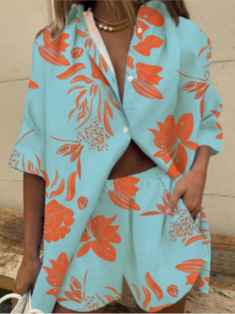 Fashion Casual Printed Two Piece Set Women Summer Comfort Holiday Color Colorful Button Short Sleeves Shirts And Shorts 2 Sets