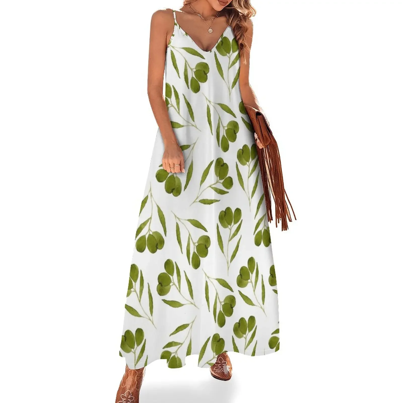 

Watercolor olives with leaves Sleeveless Dress Women's summer dress clothes for woman evening dress