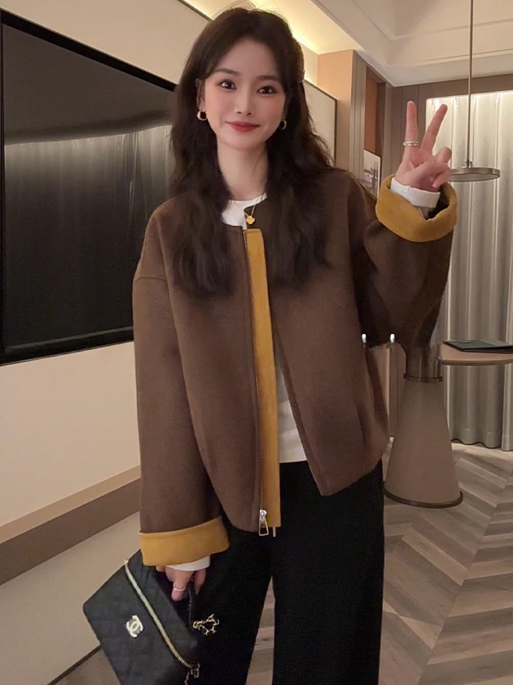 

Korean Sle Commute Color Blo Casual Women's Jaet ort Outerwear Sweater Fem Faion Autumn Winter New Arrival