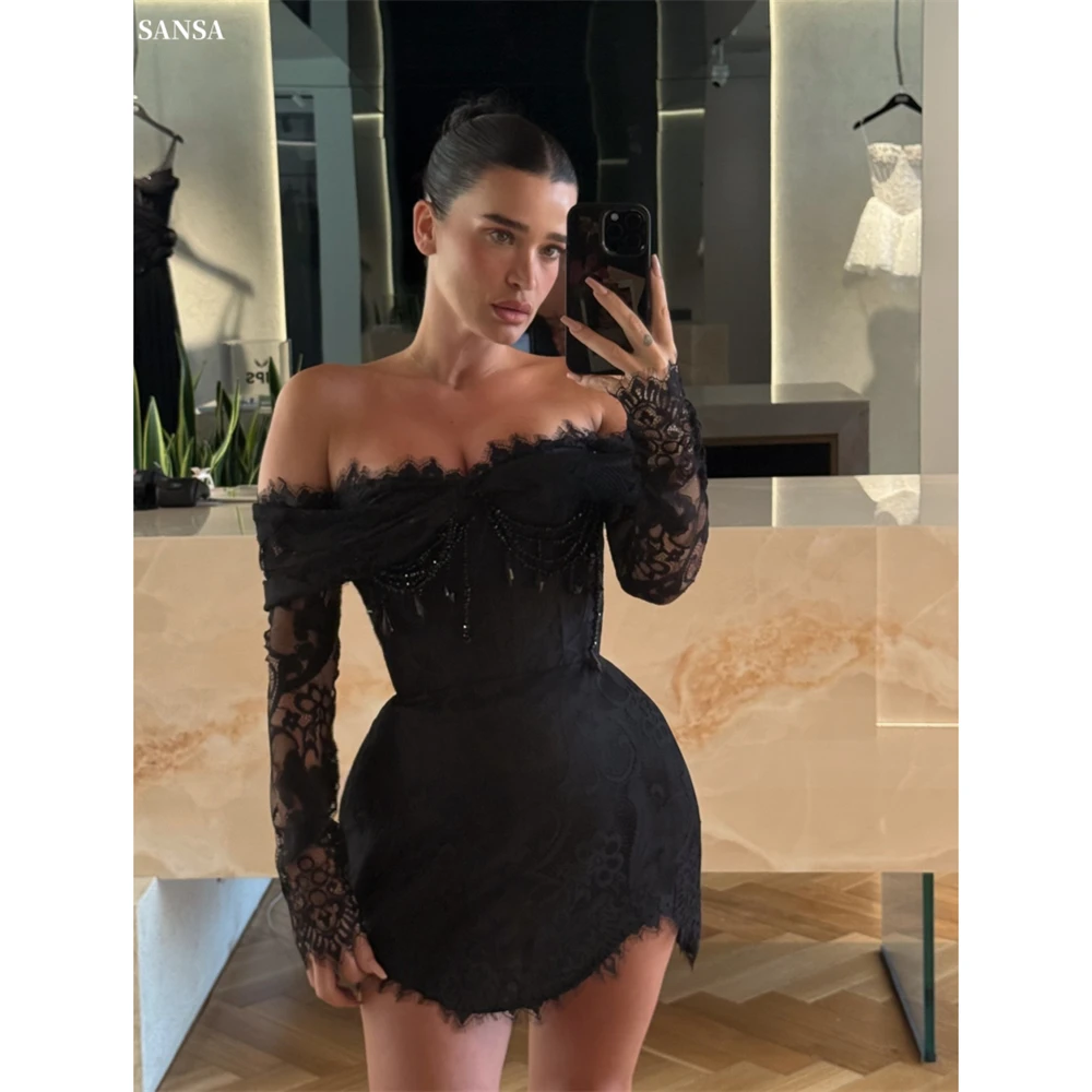 

Sansa Customized Black Rhinestones Mini Illusion Prom Dress Sheath Off Shoulder Vestidos De Noche Long Sleeve Formal Evening