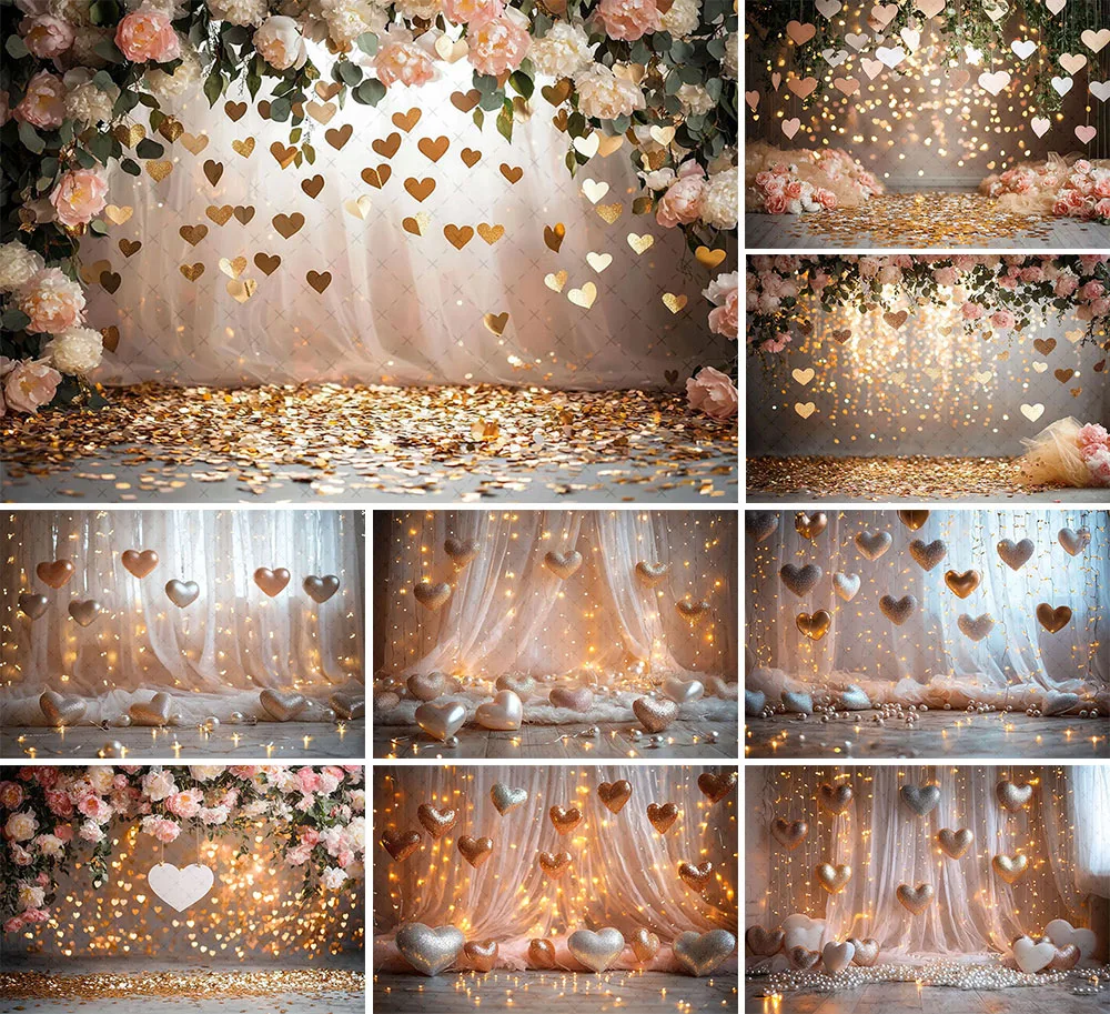 Mehofond Photography Background Valentine's Day Golden Wall Floral Love Heart Kids Birthday Portrait Decor Backdrop Photo Studio