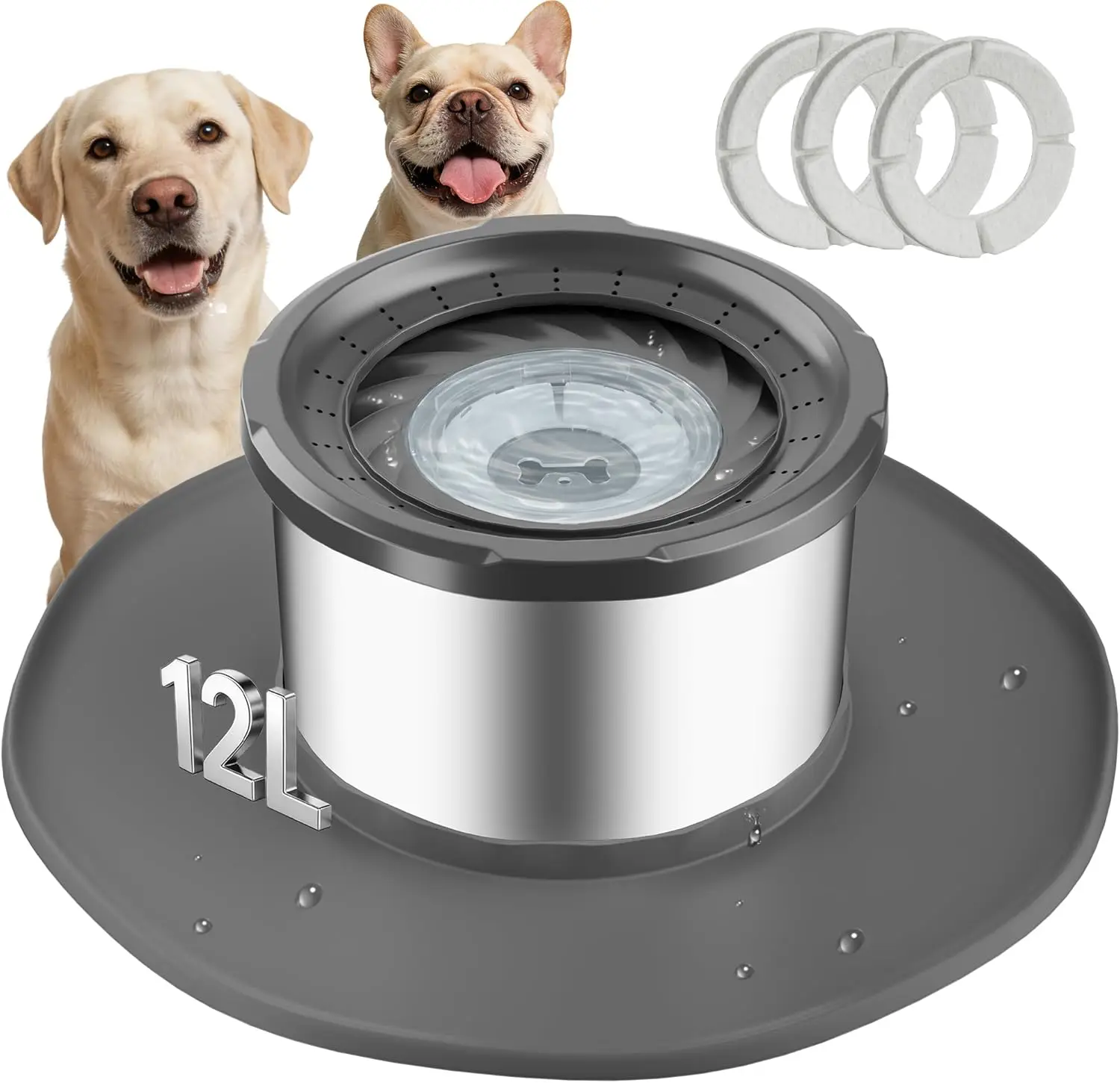 

12L No-Spill Stainless Steel Dog Water Bowl with Slow Feeder, Suction Cup Mat for Large Dogs Indoor/Outdoor