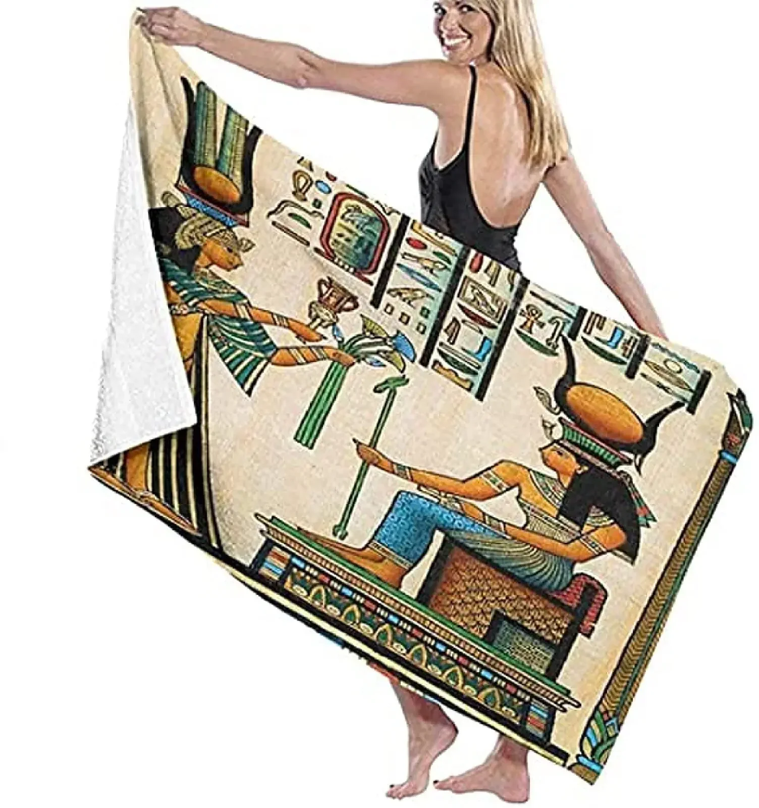 Modern Retro Colorful Egyptian Mural Digital Printing Rectangular Beach Towel Bathroom Fast Dry Absorbent Microfiber Towel Women