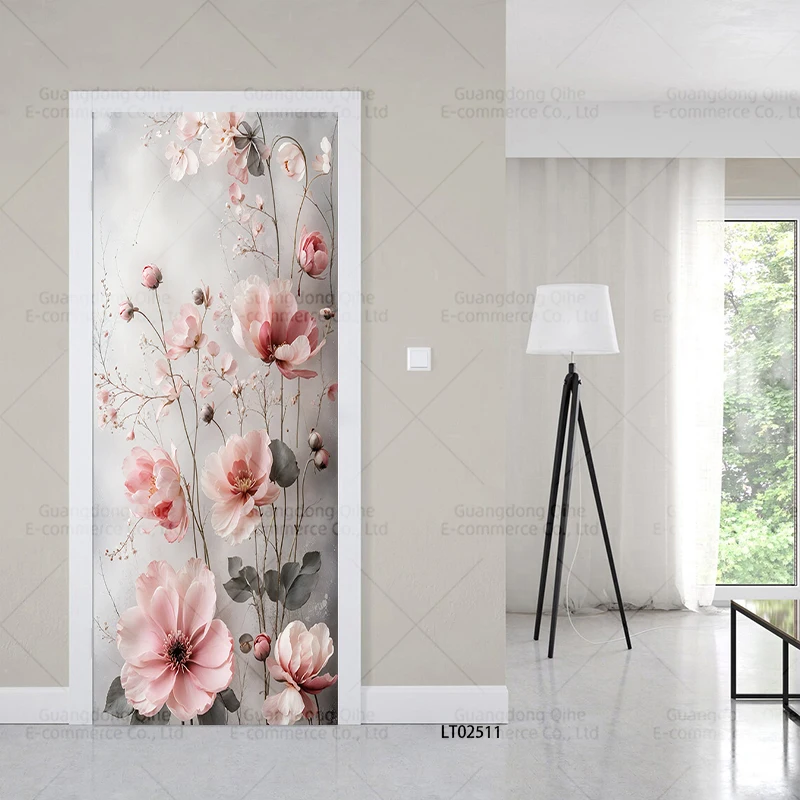 Pastoral Flower Leaf 3D Door Stickers Self Adhesive PVC Retro Jungle Door Wrap Sticker Cover Wallpaper Fridge Art Mural Decor