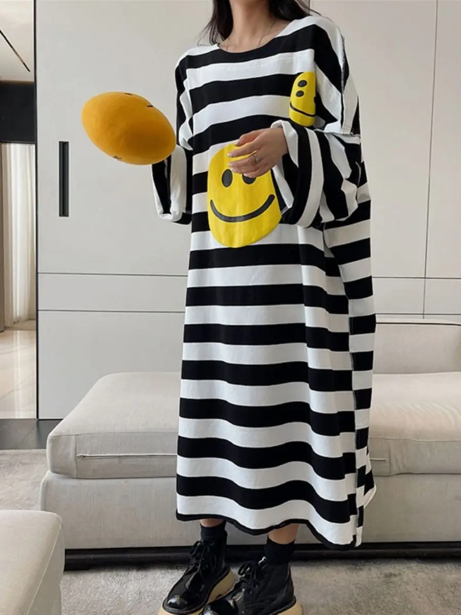 

Loose Long Sve T-irt Dr Women's Lazy Sle plus Size Autumn Striped Casual Home Clothes Korean Version Spring Home Scene