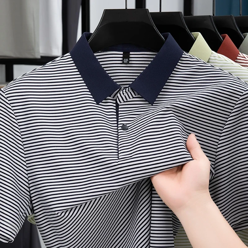 Camisa Polo de Hombre con Rayas Finas Horizontales, Cuello Solapa, Cierre de un Botón, Malla Transpirable, Manga Corta, para Uso Diario, Negocios, Trabajo, Casual