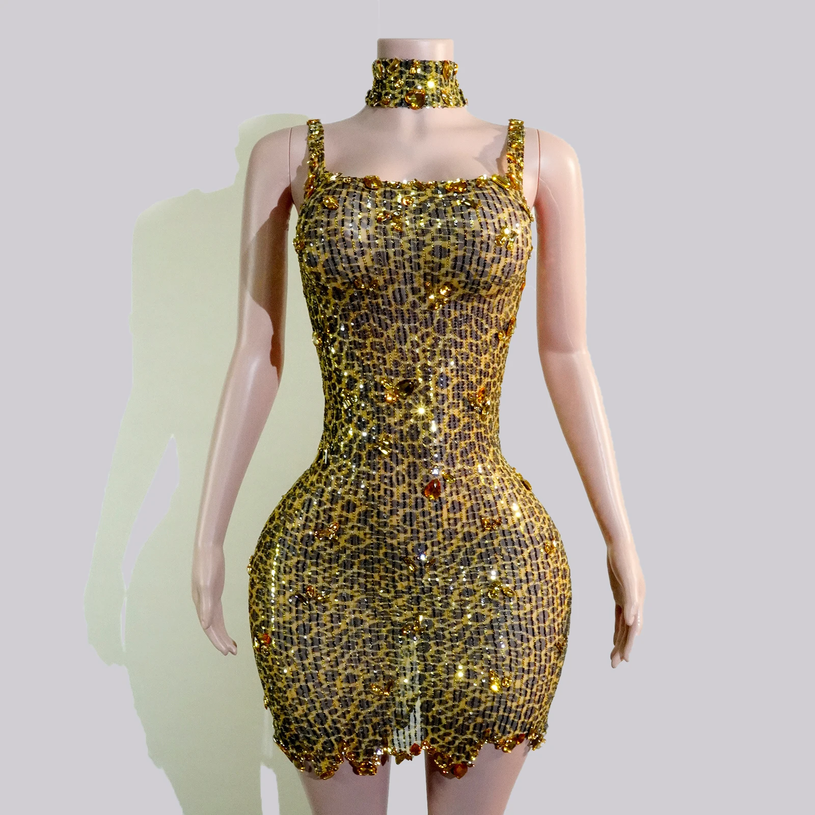 Robe en cristal imprimé léopard à paillettes dorées, vêtements de scène élégants, spectacle de chanteur, danse, Costume Drag Queen d'anniversaire