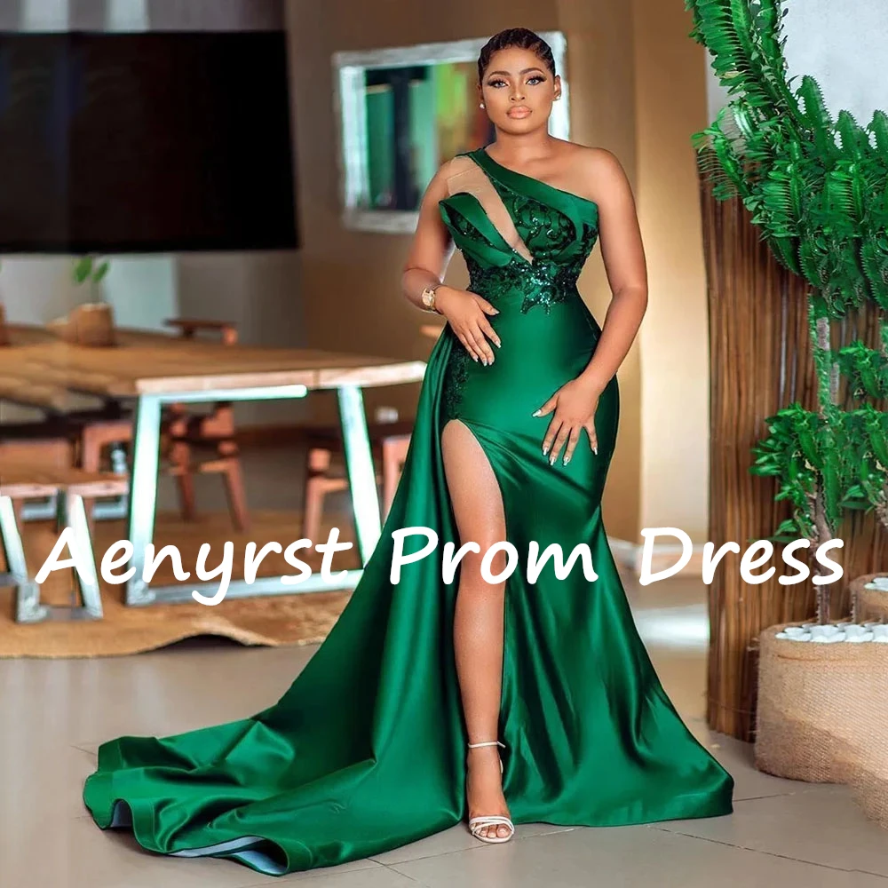 Aenyrst-Verde Esmeralda Um Ombro Sereia Cetim Vestidos, vestidos de noite Split lantejoulas, vestido de festa formal até o chão, vestido de baile, Arábia Saudita