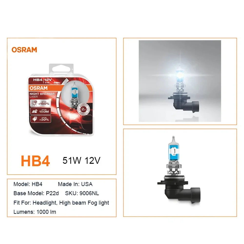 OSRAM Night Breaker Laser 9006 HB4 12V 51W Next Generation Car Halogen Bulbs Fog Lights 3700K P22D 9006NL Headlight High Beam,2X