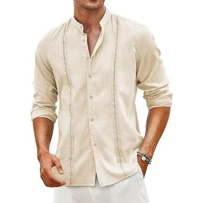 2024 Spring/Summer Men\'s casual Cuban-style Stand-up collar Lace button Linen shirt Summer beach resort shirt