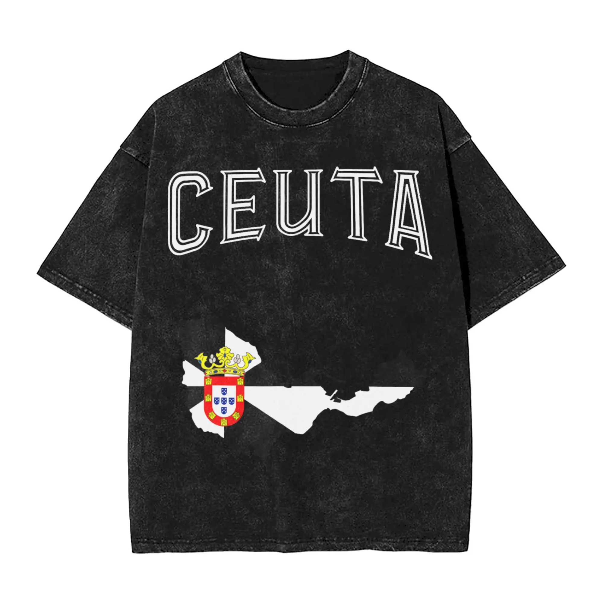 Retro Ceuta Flag Vintage Throwback Sport  T Shirt Hip Hop Washed Short Sleeve Oversize T-Shirt  Retro for Men Women Streetwear