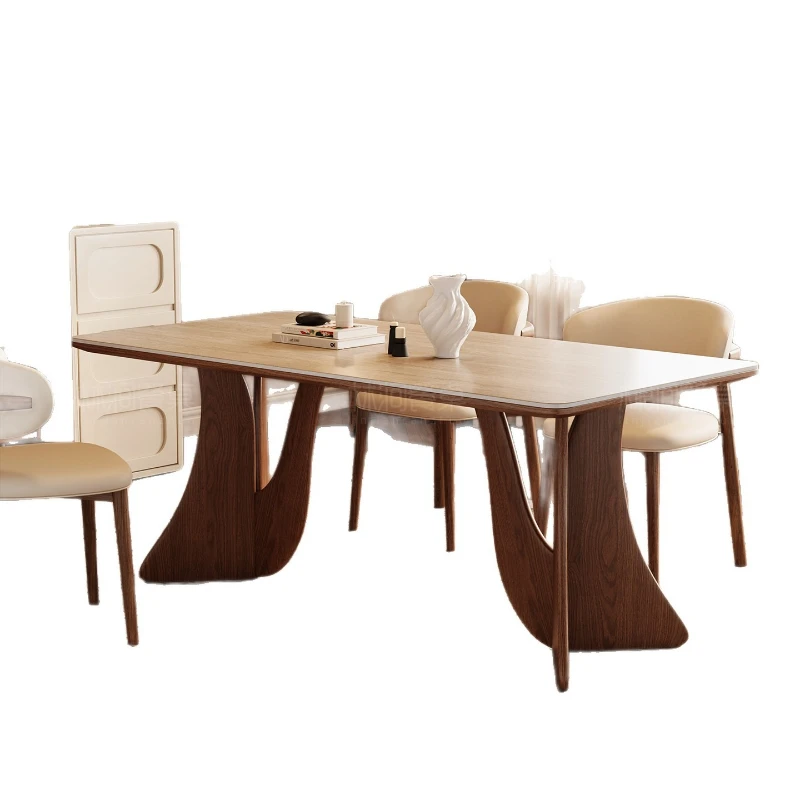 Solid wood slate dining table rectangular French retro walnut color small apartment