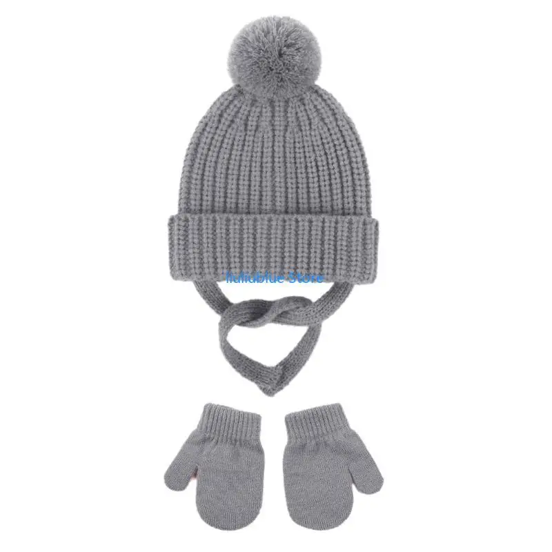 

Warm and Stylish Knitted Bonnet Hat & Gloves for Baby Infant Cosy Earflap Hat with Pom Winter Outdoor Essential 62CF