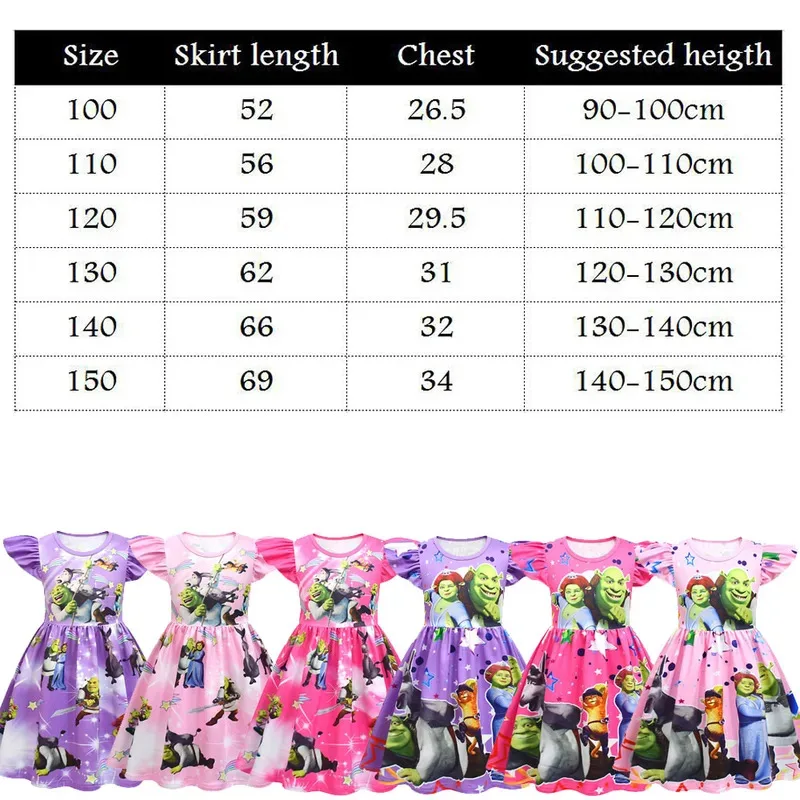 فساتين zz04zz12Shreks Fiona بأكمام طائرة على شكل حرف a Shreks وحمار مطبوع عليها رسوم كرتونية فستان باليه بحزام للفتيات فستان حفلات للأطفال Clo