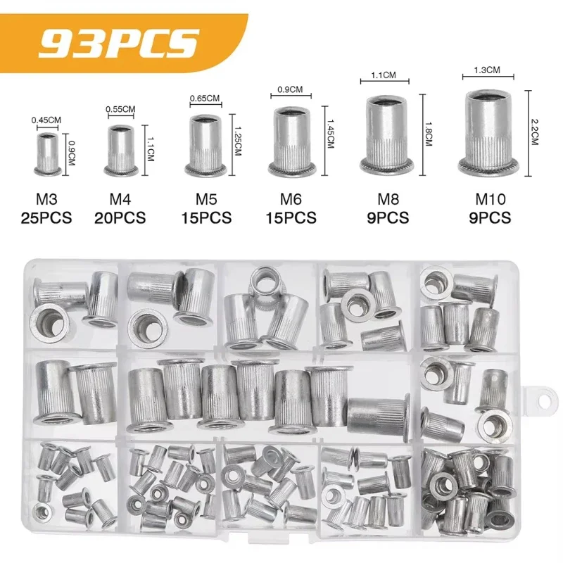 93pcs Aluminum Insert Rivet Nut Rivnut Nutsert M3 M4 M5 M6 M8 M10 Assortment Kit Flat Head Threaded Inserts