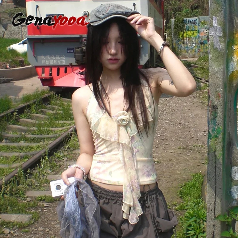 

Genayooa Y2k Fairycore топы на бретелях женские кружевные футболки без рукавов с цветочным принтом 2000-х годов японские топы на бретелях с открытой спиной Bohe эстетический укороченный топ