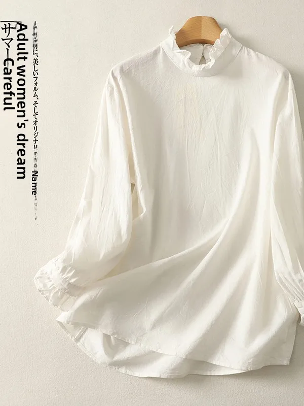 

Женская льняная рубашка с цветочным кружевным воротником, прямого кроя, с длинным рукавом, удобная, тонкая, хлопковая, для весеннего сезона