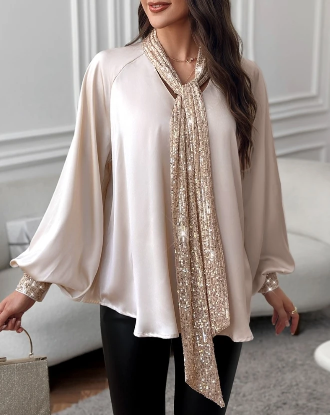 

Women's Casual Shirts Spring Tie Neck Contrast Sequin Lantern Sleeve Top Fashion Splicing Loose Blouses Tie Up Collar Top