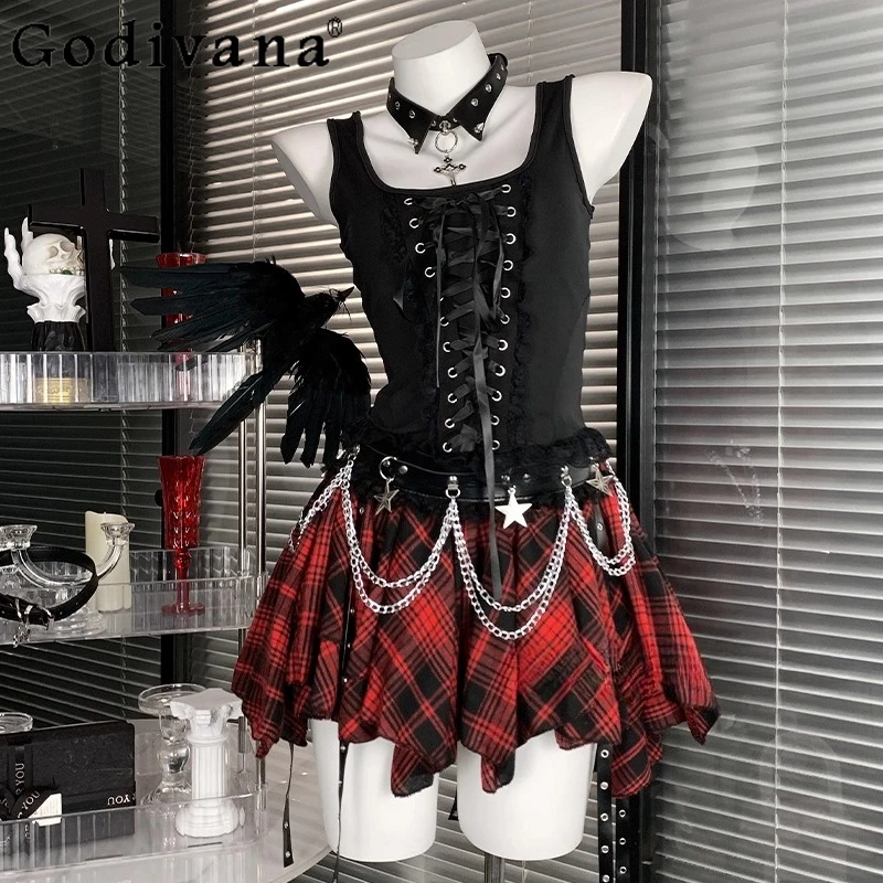 

Halloween Gothic Irregular Red Plaid Mini Ruffle Skirt Set Women A Line Short Skirt Suits Hot Girl Japanese Harajuku Y2k Outfits