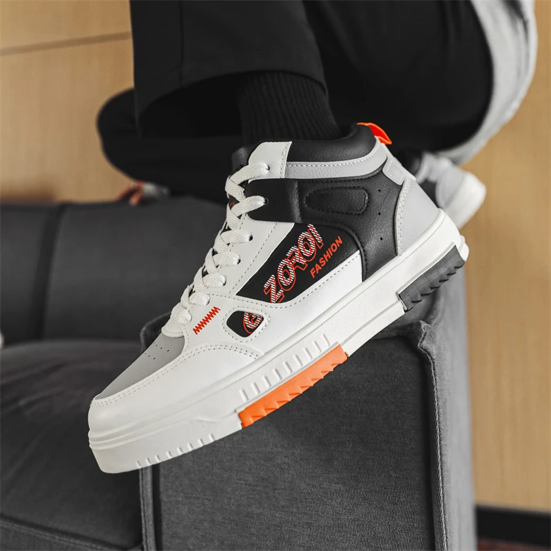 2026 Autumn New Mens Casual Shoes High Top Outdoor Wear-resistant Sneakers Comfortable Ankle Boots Leather Solid Colour Footwear