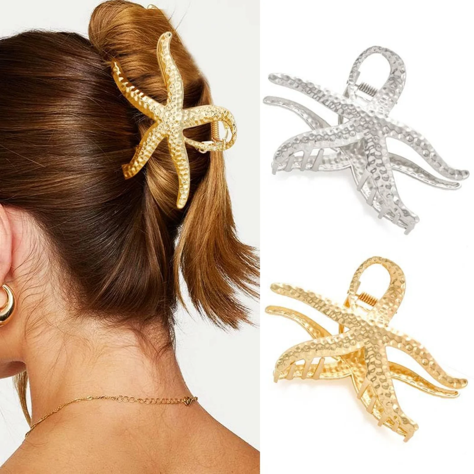 1 Stück Seestern – geformte Haarklammern, gold- und silberfarbene strukturierte Metall-Haargriffe, schicker Strand-Haarschmuck für Frauen – Detail 3