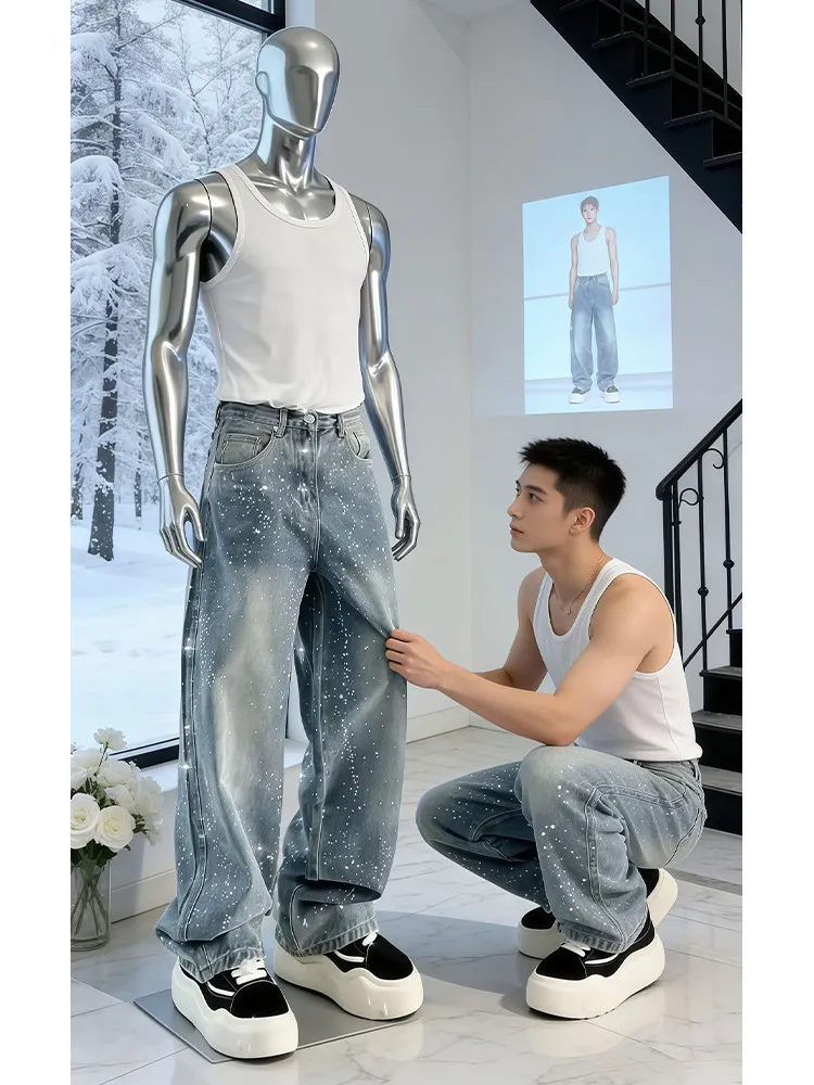 

Blue Rhinestone Embellied Straight Leg Jeans Men's High Street Wide Leg Micro Flared Pants Clean Fit Casual Spring Jeans