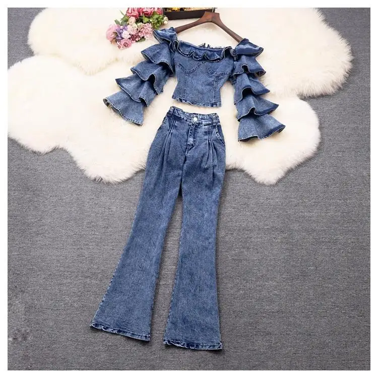 Fashion Casual Denim Suit Ruff Long Sleeve Top  And Flared Pant Jean Two Pieces Set Outwear Trousers Street Y2K Suits