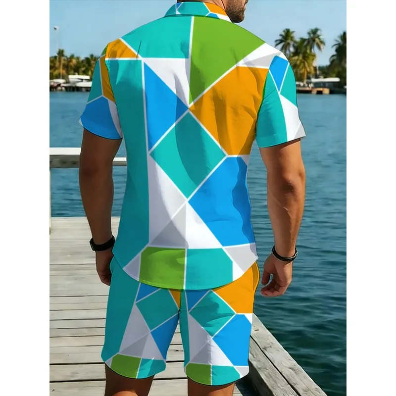 Men's Colorful Geometric Print Short Sleeve Shirt and Shorts Set，Lightweight polyester beachwear，Suitable for casual outings，Vi view 2