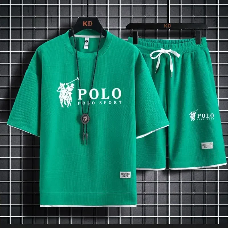 2026 Men's Summer Waffle 2 Piece Set Short Sleeve T-Shirt Sports Shorts Fashion Breathable Casual Tracksuit Gym Running Clothing view 5