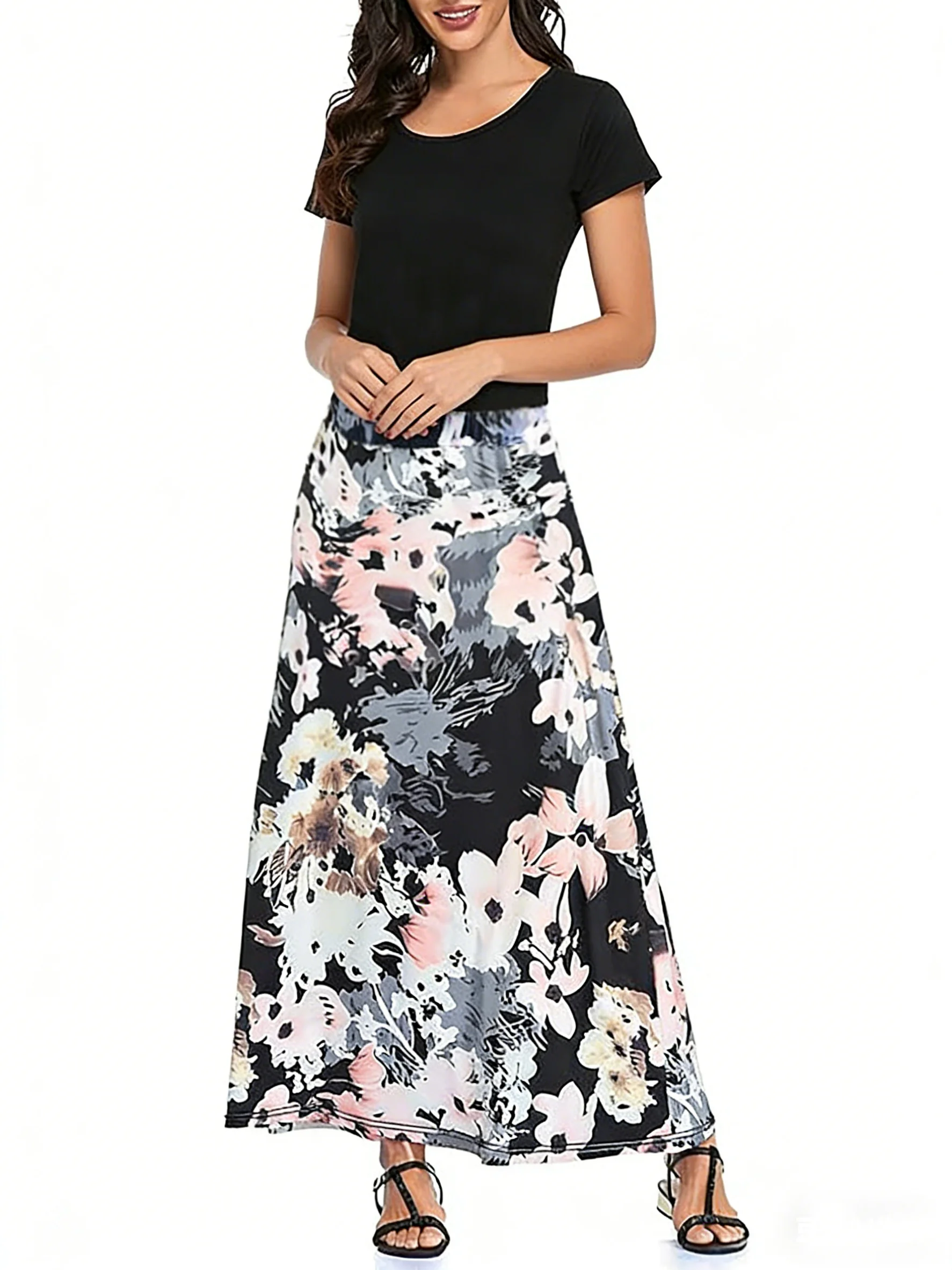 

Spring Summer Women Black Watercolor Floral Print High Waist Elastic Waistband Flowy Boho Maxi Skirt Versatile Vacation Casual